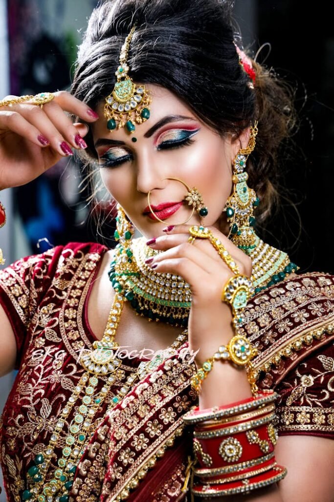 Calm Indian bride with bright makeup